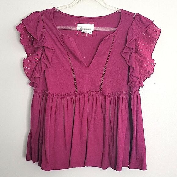 By Anthropolgie Caroline Raspberry Babydoll Blouse Ruffled Flounce sleev… - Picture 2 of 14